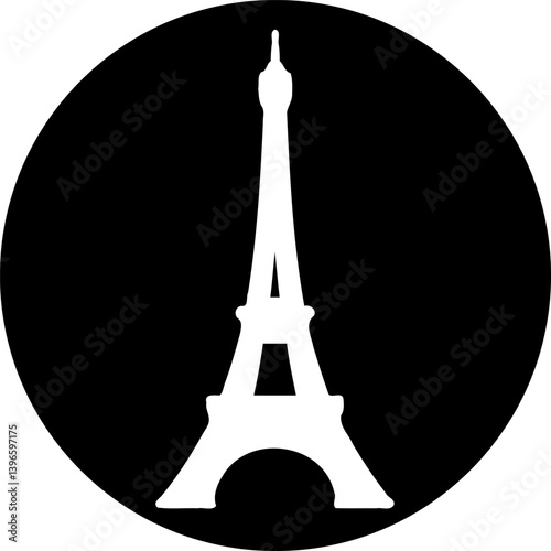 Parisian emblem: Towering white icon against a bold, solid black backdrop in monochrome