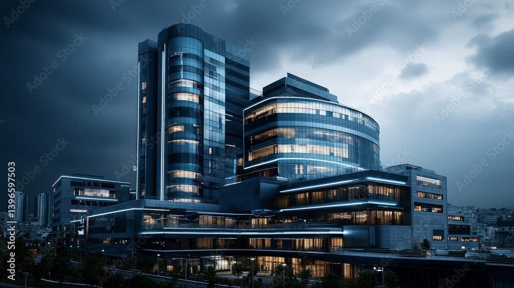 Contemporary hospital building at dusk urban environment architectural photography modern design aesthetic appeal Contemporary hospital building at dusk urban environment architectural photography modern design aesthetic appeal