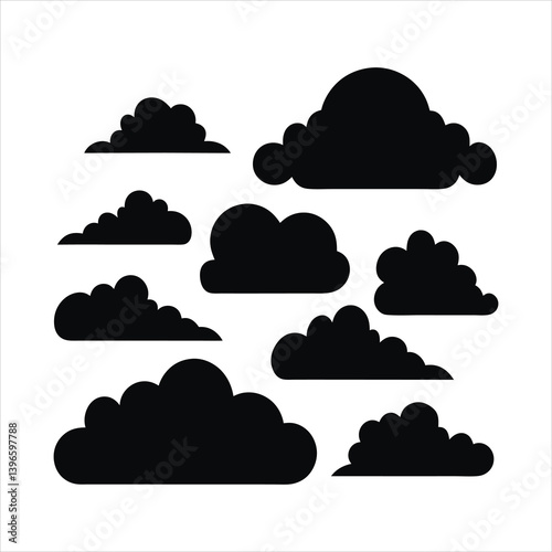 Set of Cloud Silhouette, White Background, Isolated Vector, Sky Clipart, Cloud Icons Pack