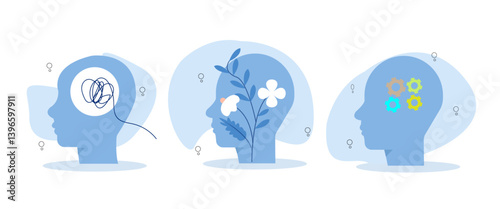 Mental health illustration set. Woman character solve mental problems, learn self accepting and how to find herself. Psychotherapy concept