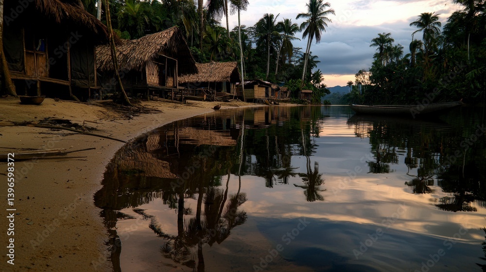 Fototapeta premium Tranquil sunset reflection remote village nature photography serene water wide angle peaceful atmosphere