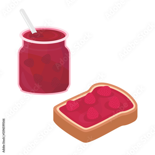 Vector illustration of toast with strawberry jam. Fresh homemade strawberry jam spread on bread. Delicious breakfast.