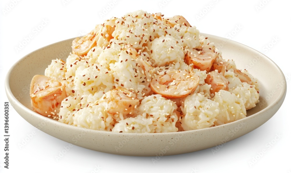 Creamy shrimp and rice dish, sesame seeds, studio shot, food photography, recipe illustration Creamy shrimp and rice dish, sesame seeds, studio shot, food photography, recipe illustration
