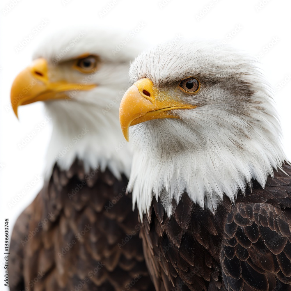 Close up view of two bald eagles isolated on white background Close up view of two bald eagles isolated on white background