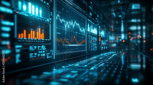 High-tech AI terminal projecting forecast accuracy metrics, long-term stock projections, and trend convergence indicators, glowing in white and cyan against a dark financial room.