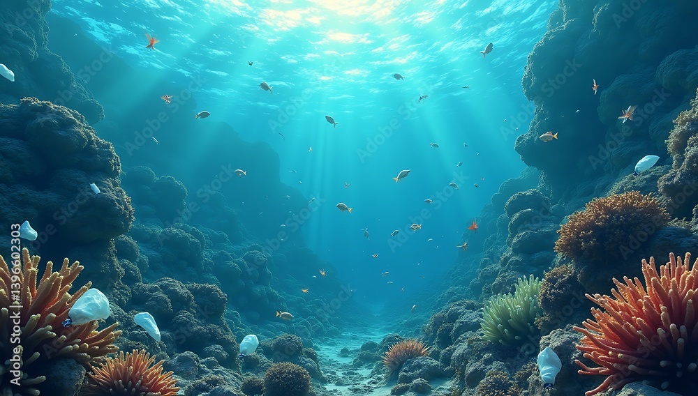 Obraz premium Underwater view of plastic bags and bottles drifting near coral reefs, illustrating ocean plastic pollution and its danger to marine biodiversity. 