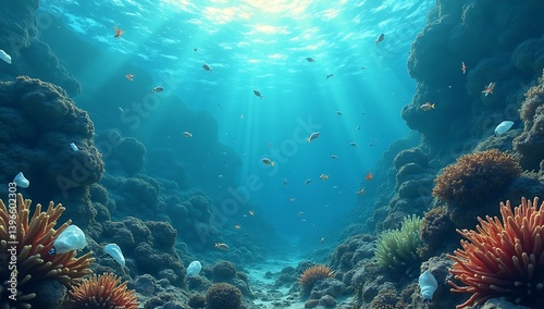 Wallpaper Mural Underwater view of plastic bags and bottles drifting near coral reefs, illustrating ocean plastic pollution and its danger to marine biodiversity.
 Torontodigital.ca