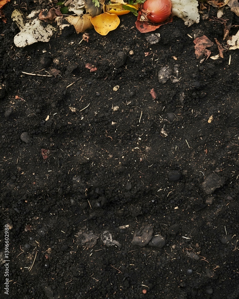 Obraz premium A close-up of rich, dark soil mixed with colorful organic debris, showcasing the beauty of nature's composting process.