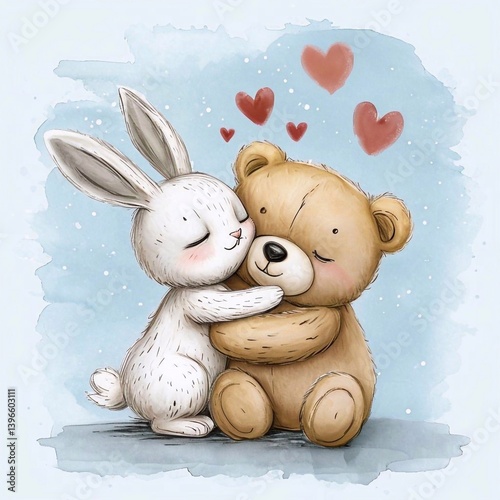 Cute embrace: a detailed illustration of a rabbit and a teddy bear gently hugging amidst red hearts