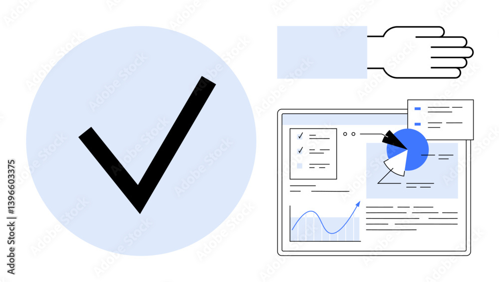 Large checkmark, hand gesture, dashboard screen with charts and pie graph. Ideal for analytics, decision-making, progress tracking, project approval, data visualization, teamwork simple landing page Large checkmark, hand gesture, dashboard screen with charts and pie graph. Ideal for analytics, decision-making, progress tracking, project approval, data visualization, teamwork simple landing page