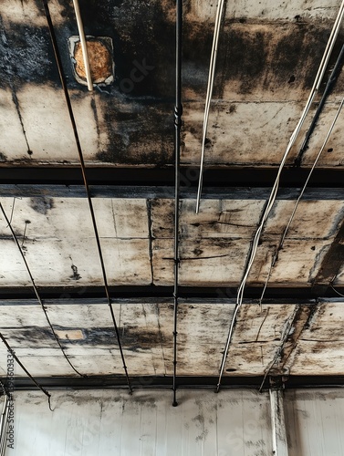 Wallpaper Mural A close-up view of an industrial ceiling with exposed beams and wires, showcasing a blend of textures and materials. Torontodigital.ca