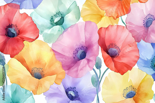 A vibrant watercolor painting of colorful poppy flowers.