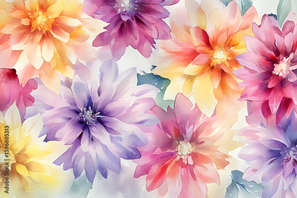 Fototapeta premium A vibrant floral watercolor painting showcasing a bouquet of dahlias in pastel shades.