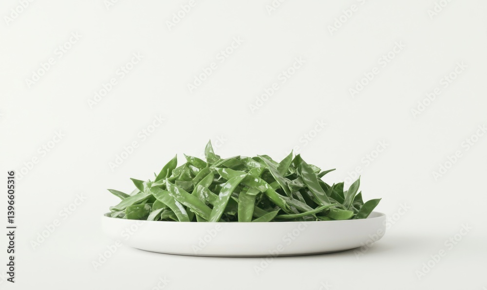 Fresh green beans on white plate, simple background, healthy food, recipe ingredient Fresh green beans on white plate, simple background, healthy food, recipe ingredient