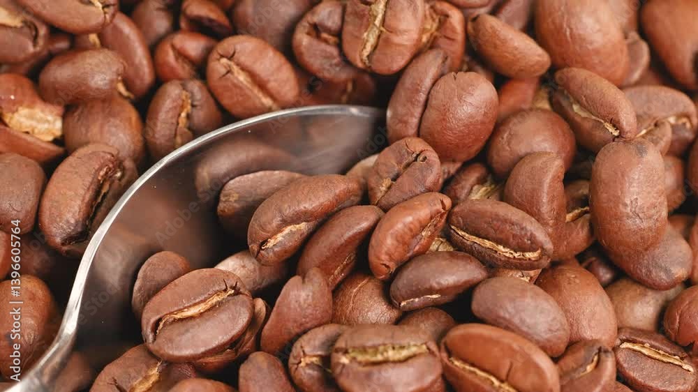 Macro Close-Up of Coffee Beans with Spoon Macro Close-Up of Coffee Beans with Spoon
