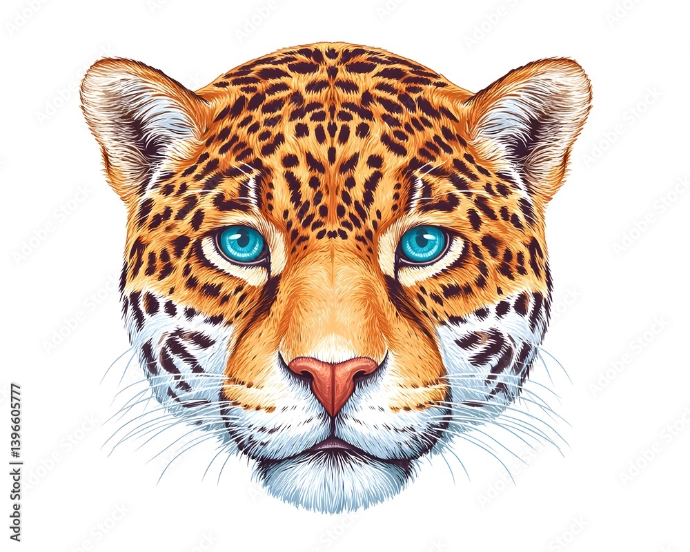 Obraz premium Detailed illustration of a jaguar's head, showcasing its vibrant coat and piercing blue eyes against a white background