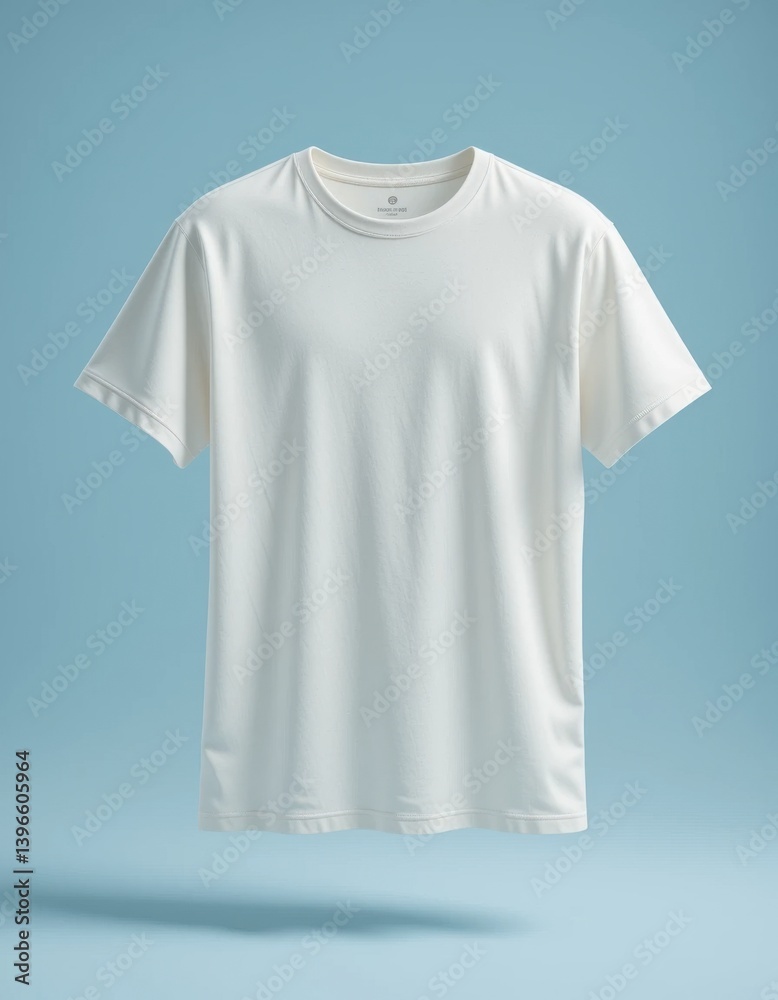 White Round Neck T-shirt Floating on Blue Background White Round Neck T-shirt Floating on Blue Background