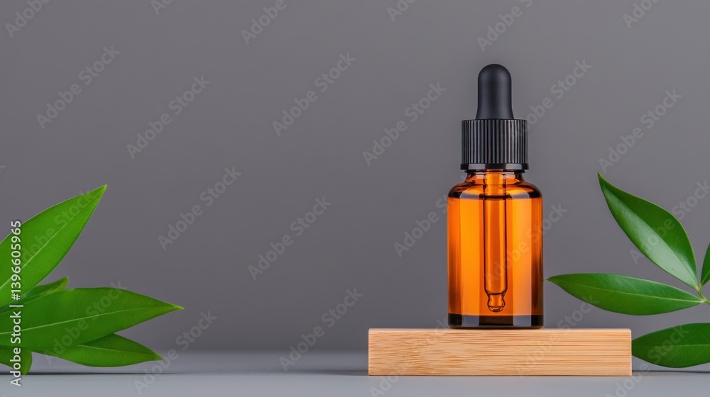 Amber Glass Dropper Bottle with Green Leaves on Wooden Platform