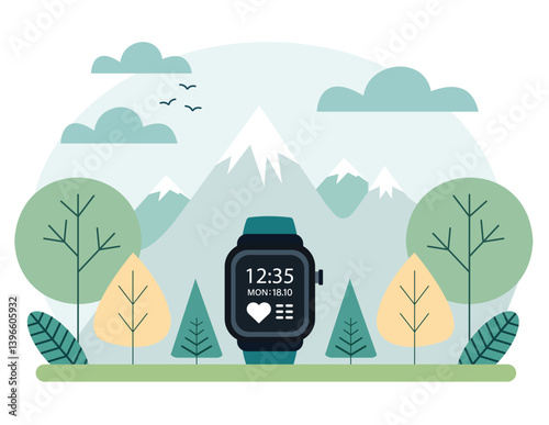 Flat vector of a smartwatch heart rate monitor in nature, promoting a healthy lifestyle and fitness.