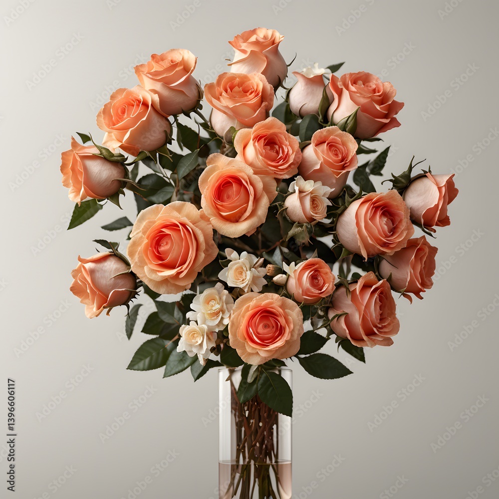 Obraz premium Lush peach roses and textured eucalyptus create a classic, romantic bouquet. Generative AI 