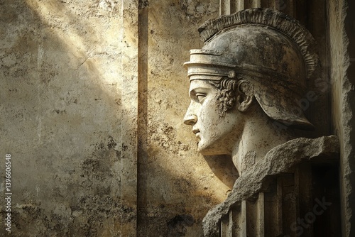Stone bust of a roman soldier with helmet against a textured wall.