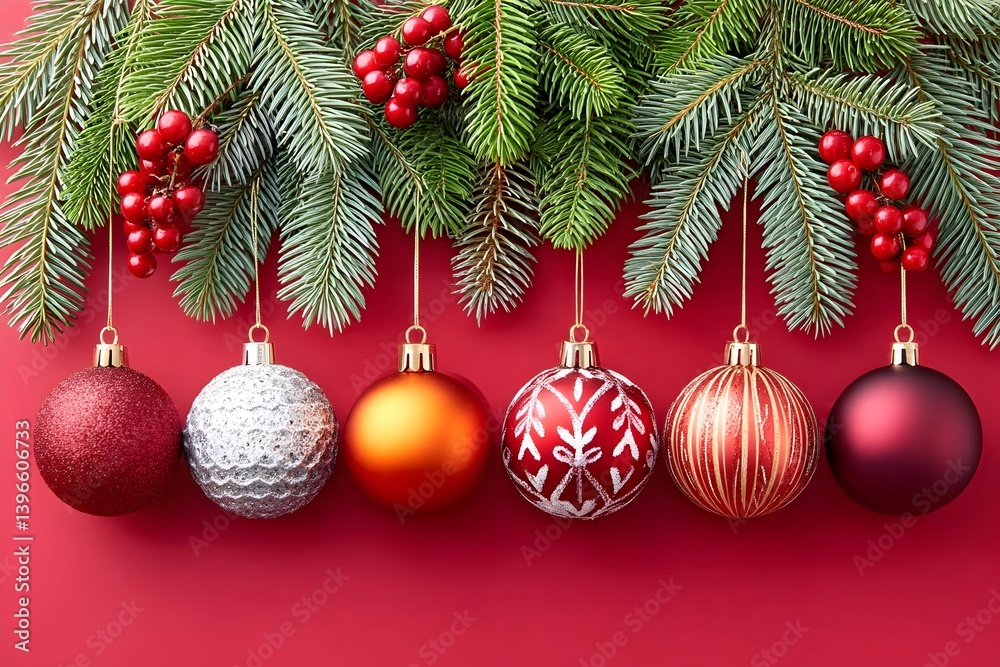 Naklejka premium Festive red background with hanging ornaments and evergreen branches