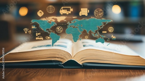 Open book displaying global logistics network and worldwide transport options