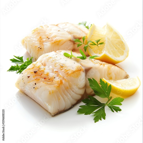 Cooked Fish Fillet with Lemon and Parsley Herb on White Background