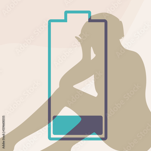 Tired woman and low charged battery. Life energy. Concept of productivity, effectiveness. Stress and burnout
