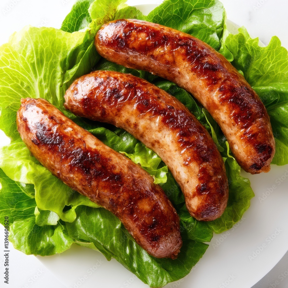 Sausages served on a bed of lettuce isolated on white background Sausages served on a bed of lettuce isolated on white background