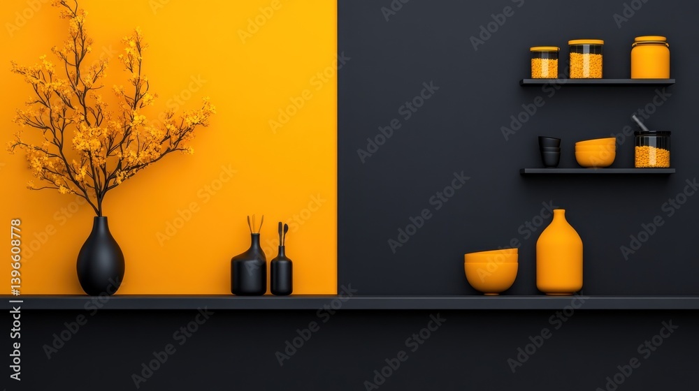 Stylish Minimalist Kitchen Interior Design with Black and Yellow Accents