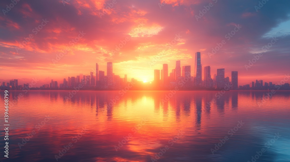 Cityscape at Sunrise: A Breathtaking Panorama of Urban Skyline Reflected in Calm Waters Cityscape at Sunrise: A Breathtaking Panorama of Urban Skyline Reflected in Calm Waters