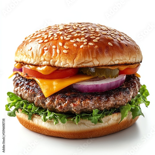 Delicious Burger with Fresh Ingredients on White Background Studio Shot