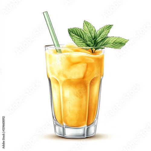 Refreshing Mango Smoothie in Glass with Mint Garnish and Straw