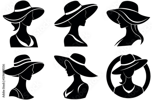 Stylish Women's Hat Silhouettes in Different Poses, High Fashion and Elegant Profile Illustrations, Perfect for Fashion and Accessories Design Projects