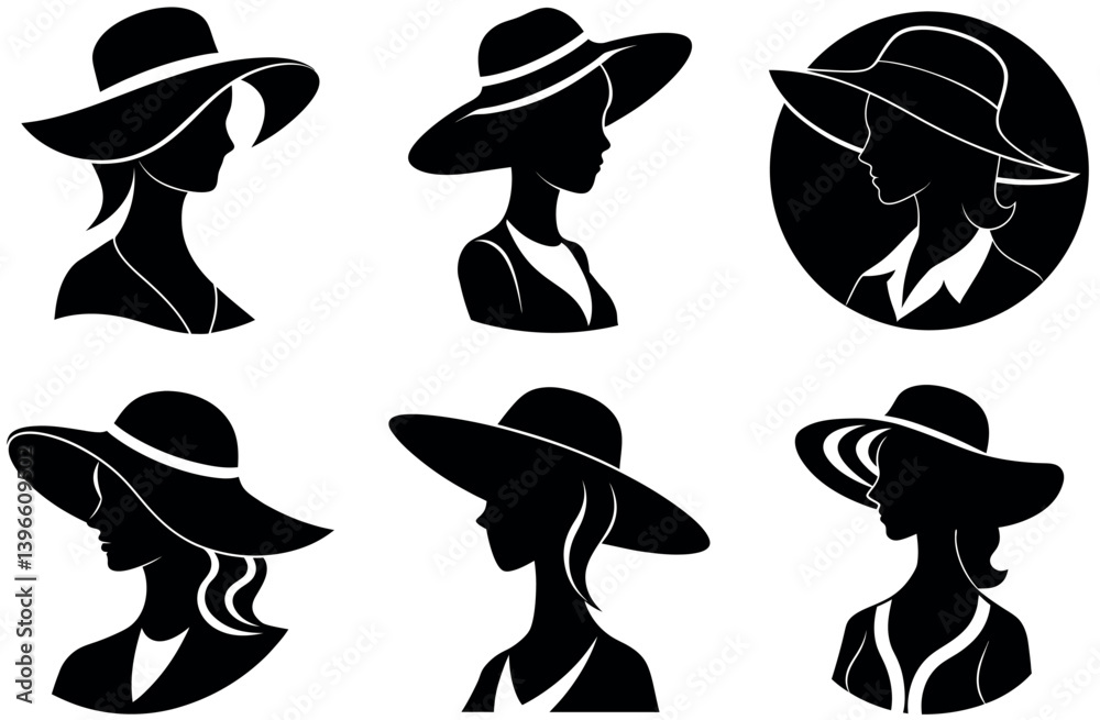 Set of Elegant Women's Hat Silhouettes, Fashionable and Stylish Silhouettes of Women Wearing Hats in Different Poses, Perfect for Fashion, Beauty, and Accessories Designs Set of Elegant Women's Hat Silhouettes, Fashionable and Stylish Silhouettes of Women Wearing Hats in Different Poses, Perfect for Fashion, Beauty, and Accessories Designs