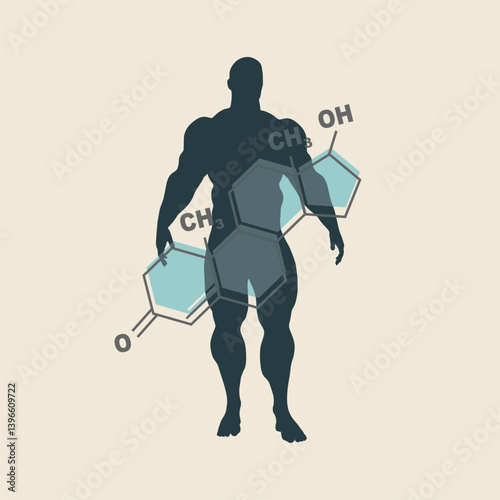 Chemical molecular formula hormone testosterone with muscular man silhouette. Health care concept illustration.