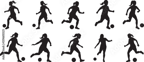 Collection of female soccer player silhouette vector. Soccer football plyer silhouette. Player running, kicking football silhouette