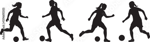 Collection of female soccer player silhouette vector. Soccer football plyer silhouette. Player running, kicking football silhouette