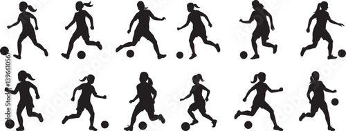 Collection of female soccer player silhouette vector. Soccer football plyer silhouette. Player running, kicking football silhouette