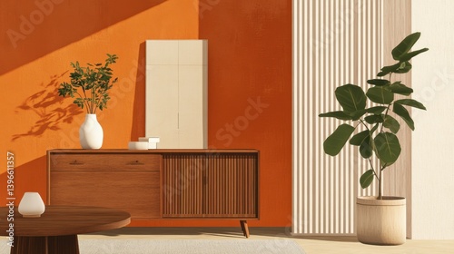 Warm, modern interior with a wooden sideboard, plants, and striking orange and white wall contrast. Clean lines and natural light create a serene atmosphere