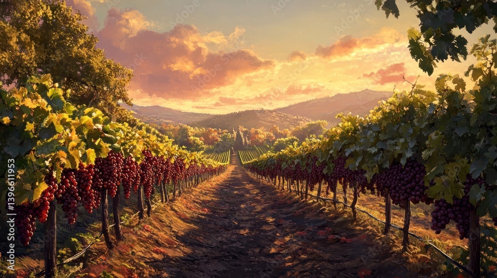 Naklejka premium A lush vineyard with ripe grapes ready for harvest, --ar 16:9 --v 6.1 Job ID: 847dc74d-b349-4abd-a76d-1faf64e0d8ed