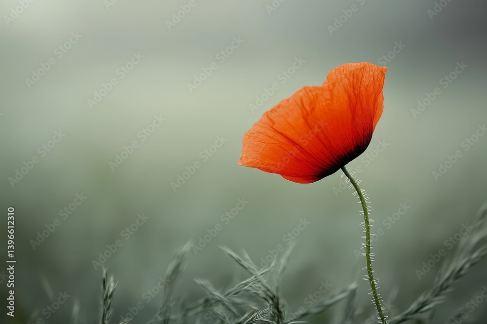 Naklejka premium Single red flower stands out against a blurred green and gray background.