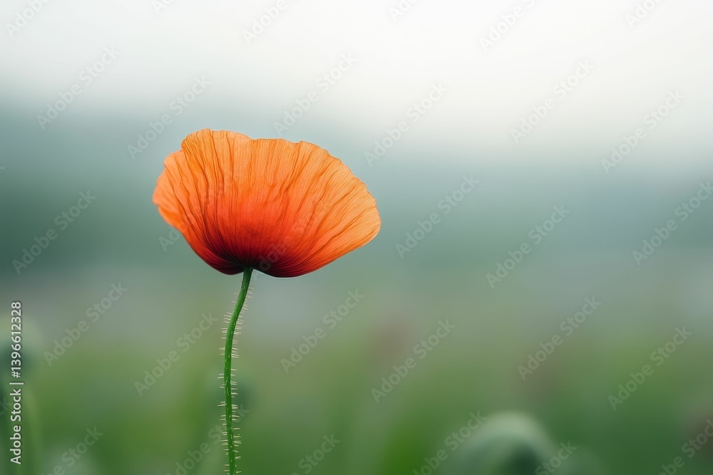 Naklejka premium Single orange poppy flower in a field with a blurred background.
