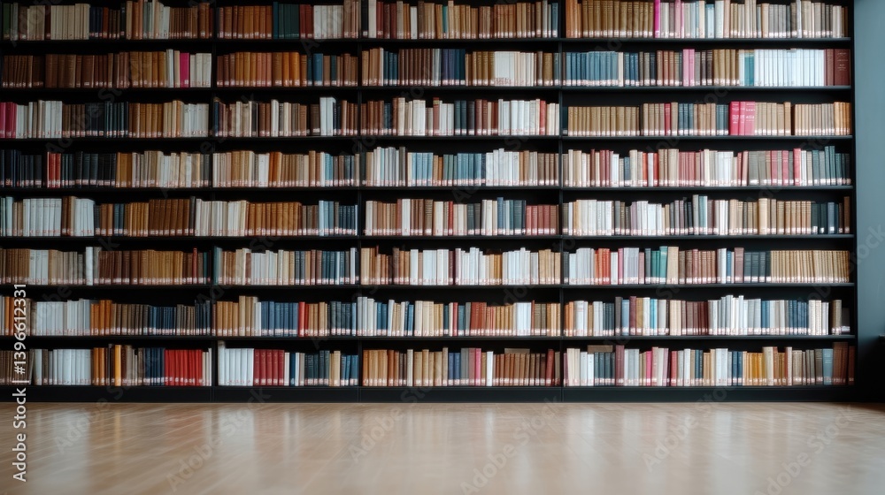 Extensive library bookshelves filled with many volumes Extensive library bookshelves filled with many volumes
