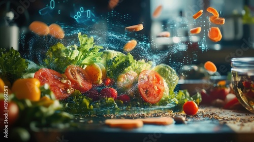 Holographic display of fat-burning foods with nutrient breakdown and calorie details floating above each item