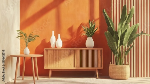Warm, modern interior with a wooden sideboard, vibrant orange wall, and lush green plants creating a stylish, inviting space