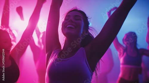 Energetic Fitness Class, Women Dancing Under Neon Lights