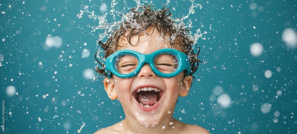 Naklejka premium Child enjoying summer fun in swimming pool, laughing joyfully while wearing orange goggles, splashing water