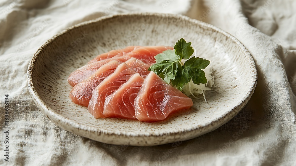 A natural-toned ceramic plate with rough, imperfect edges holding slices of fresh tuna sashimi and green shiso leaves, placed on a textured beige linen background with minimal brushstroke patterns. A natural-toned ceramic plate with rough, imperfect edges holding slices of fresh tuna sashimi and green shiso leaves, placed on a textured beige linen background with minimal brushstroke patterns.